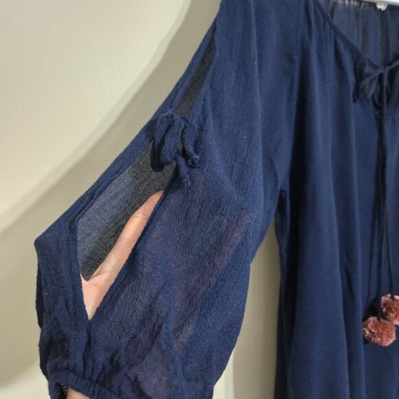 Johnny Was Calme Navy Blue Cold-Shoulder Boho Peasant Blouse with Pom-Pom Tie S - Picture 3 of 9